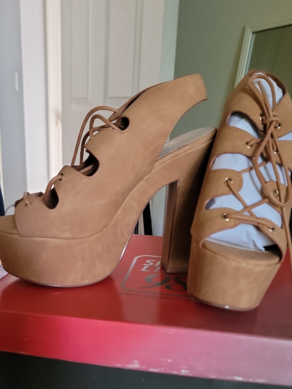 Women's Tan Platform Lace-Up High Heel Sandals
